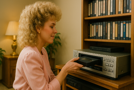 En kvinna sätter in en VHS i en VHS-spelare.