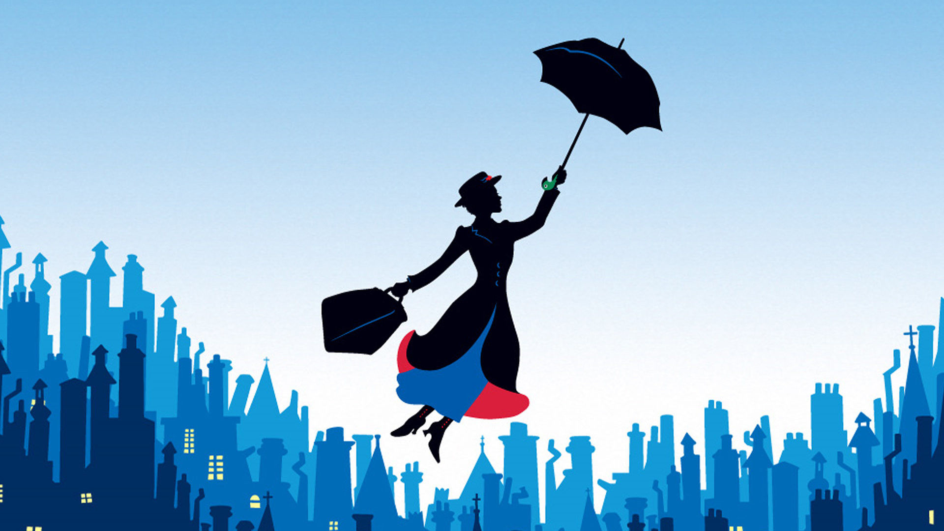 Tecknad bild på den flygande Mary Poppins.