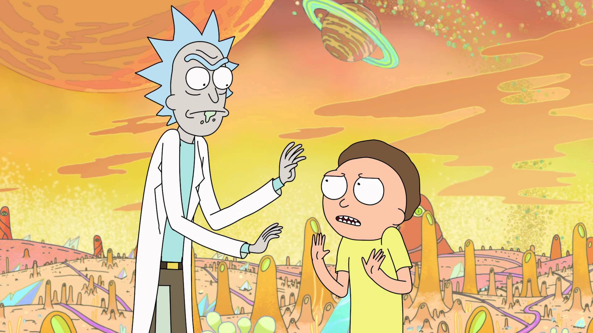 Rick och Morty på en planet någonstans i galaxen från tv-serien "Rick and Morty".