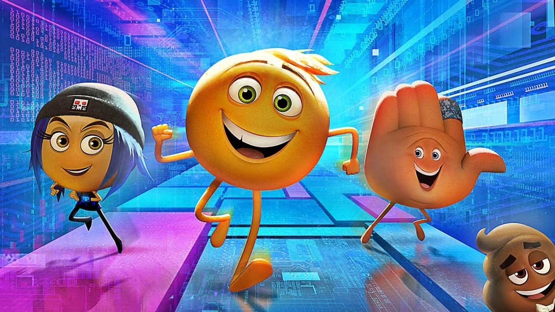 Tre emojis springer i "The Emoji Movie"