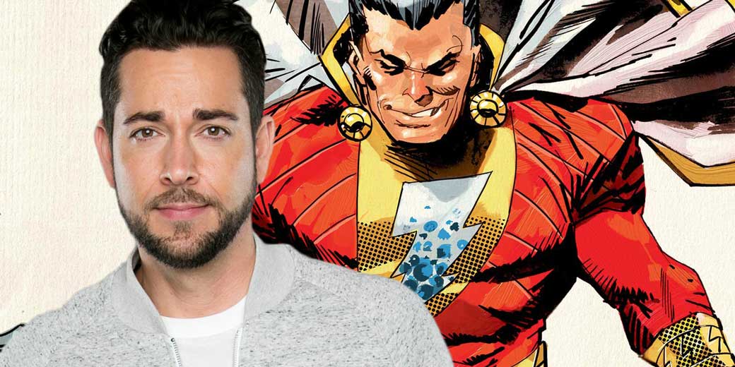 Zachary Levi framför en bild av Shazam