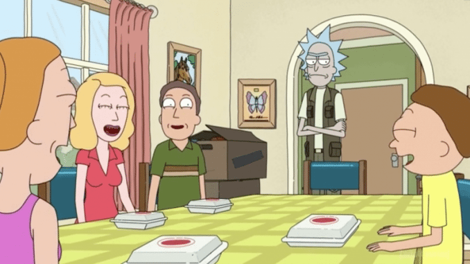 Familjen sitter runt matbordet och skrattar medan Rick står och surar