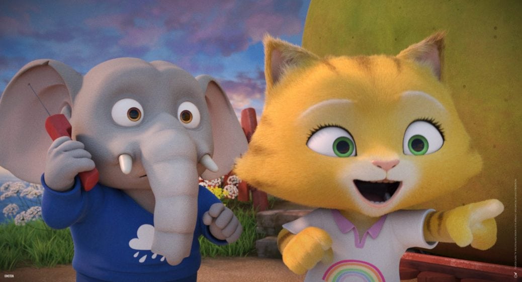 Från den animerade barnfilmen Den otroliga historien om det jättestora päronet. En elefant och en katt tittar på något till höger om bilden.