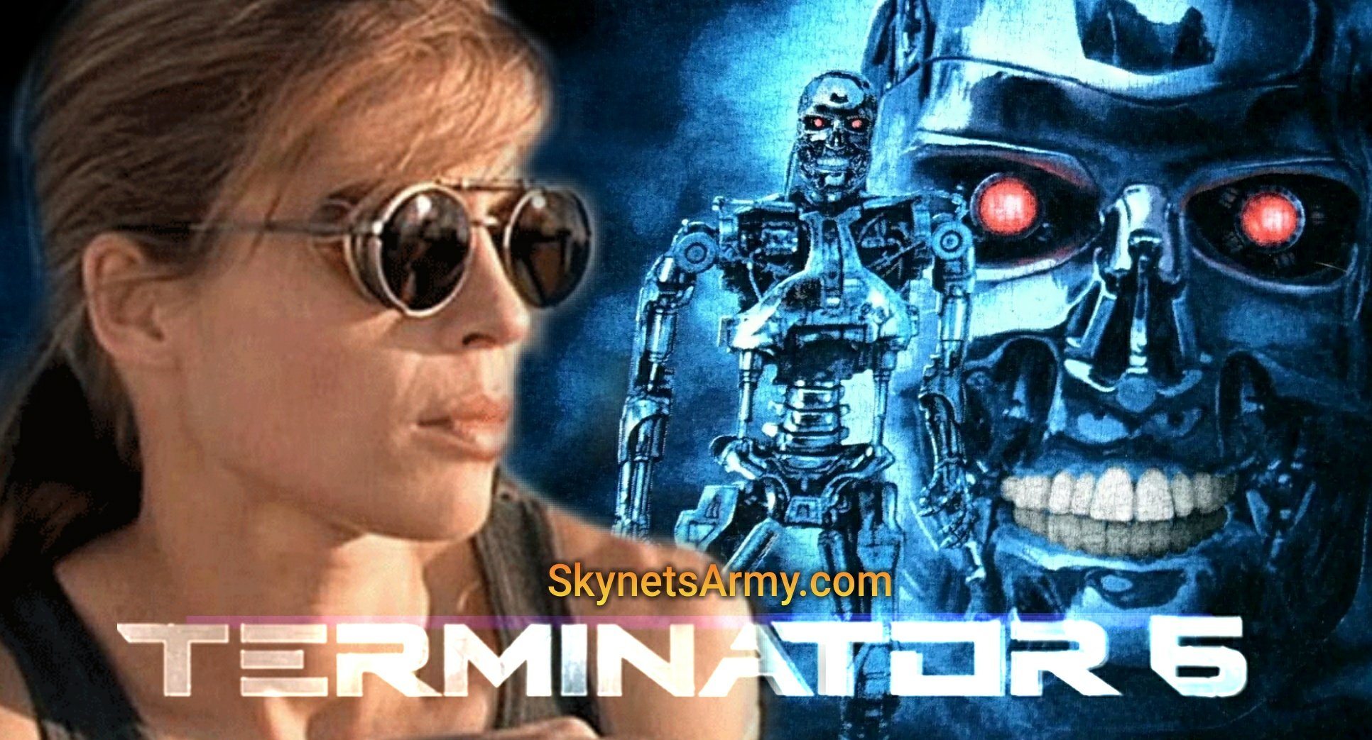 Här ser du en bild på skådespelaren Linda Hamilton och en Terminator i bakgrunden