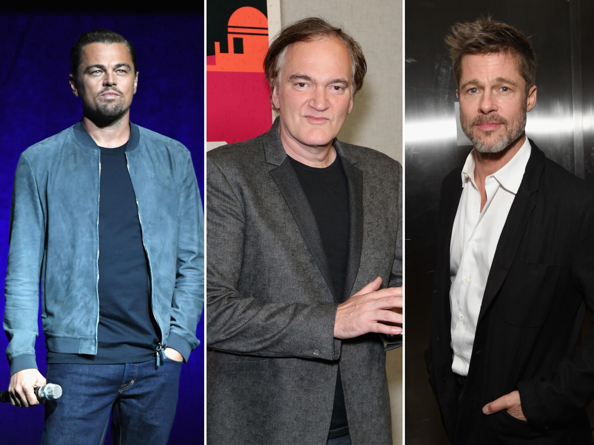 På bilden ser vi de två skådespelarna DiCaprio och Pitt tillsammans med regissören Tarantino