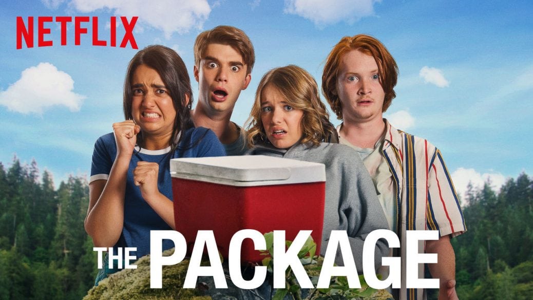 Fyra av huvudrollsinnehavarna poserar skräckslagna framför kameran. FIlmens titel står längst ner i vitt och Netflix logga syns uppe till vänster.
