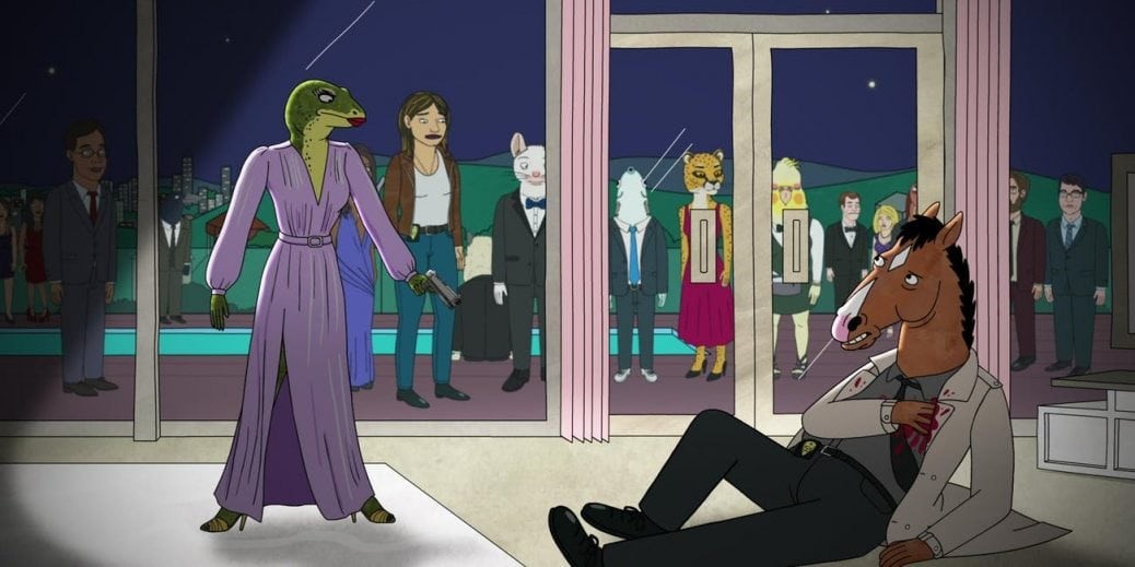 BoJack ligger skjuten på marken. Han kollar mot kvinnan som precis har skjutit honom. Bilden är tagen ur BoJack Horseman säsong 5.