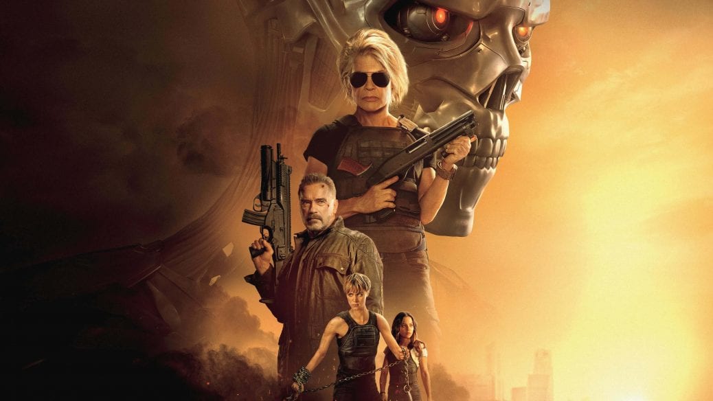 Affisch till Terminator Dark Fate med Linda Hamilton och Arnold Schwarzenegger.