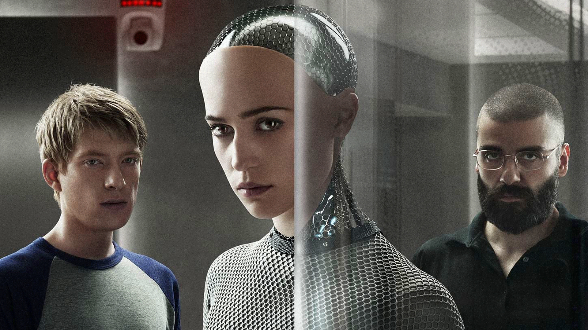 Oscar Isaac, Alicia Vikander och Domhnall Gleeson i Ex Machina.