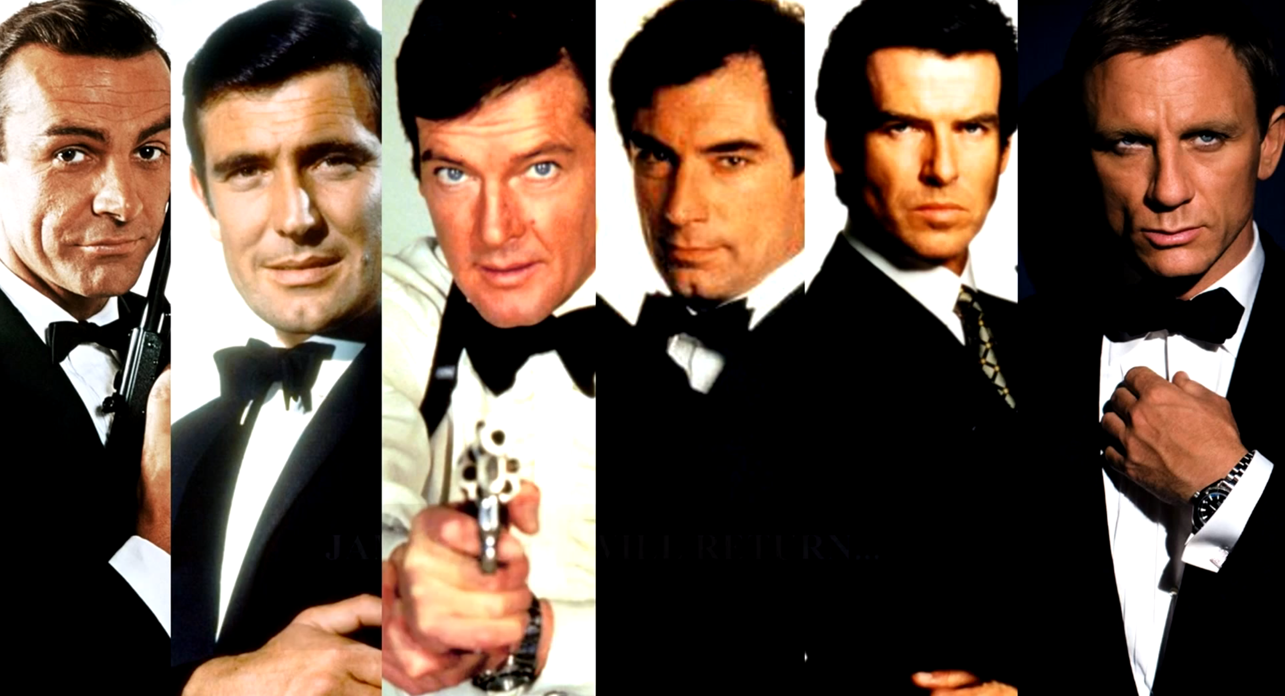 Sean Connery, George Lazenby, Roger Moore, Timothy Dalton, Pierce Brosnan och Daniel Craig har alla spelat James Bond. Foto: United International Pictures.