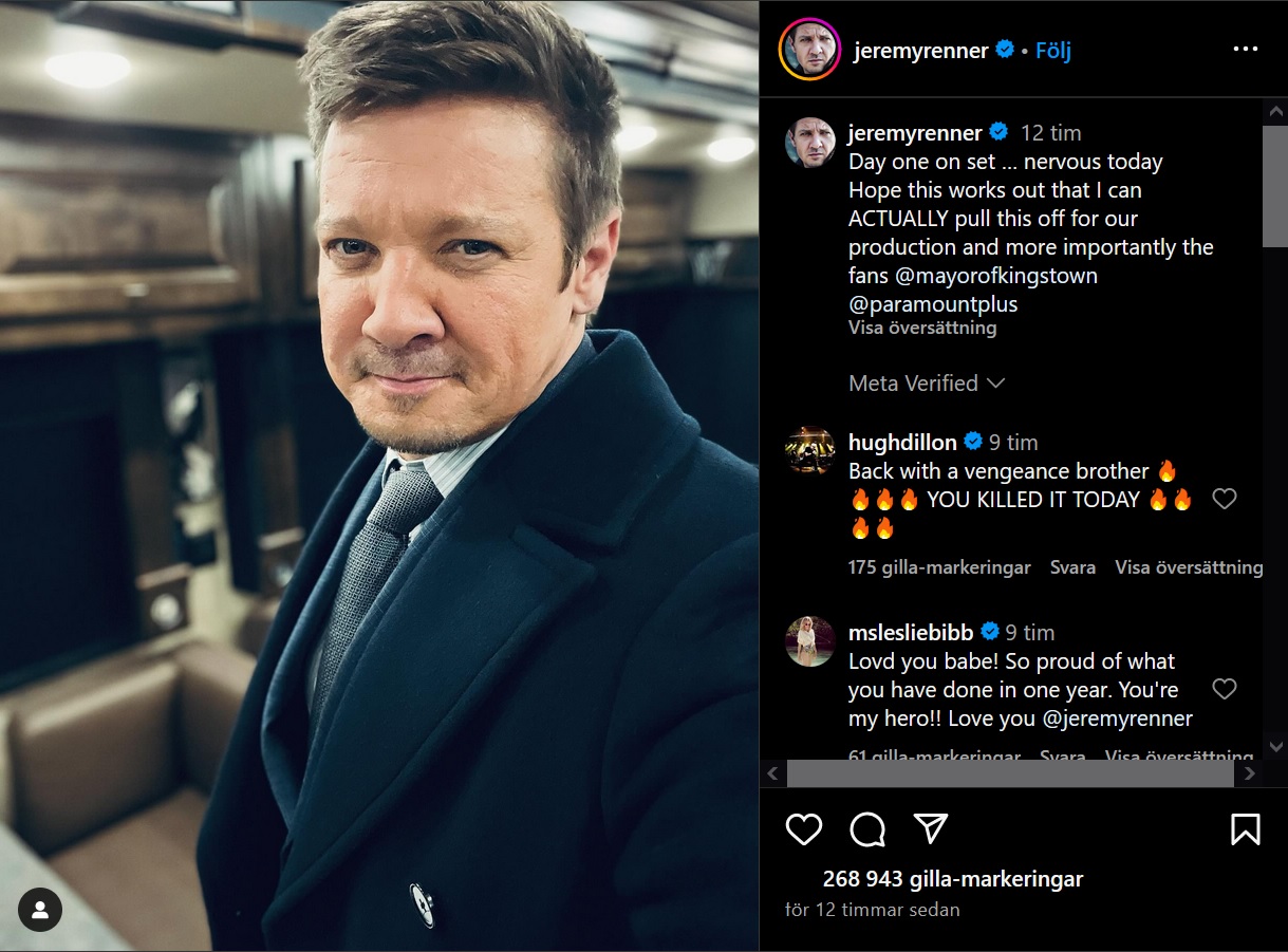 Efter olyckan – Jeremy Renner är officiellt tillbaka i arbete: "Nervöst"