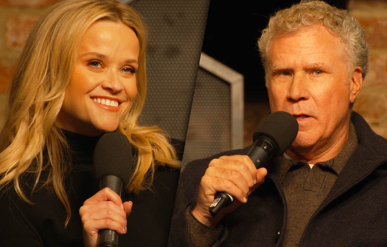 Ett kollage från pressträffen. På höger sida ser vi Reese Witherspoon och på vänster Will Ferrell.