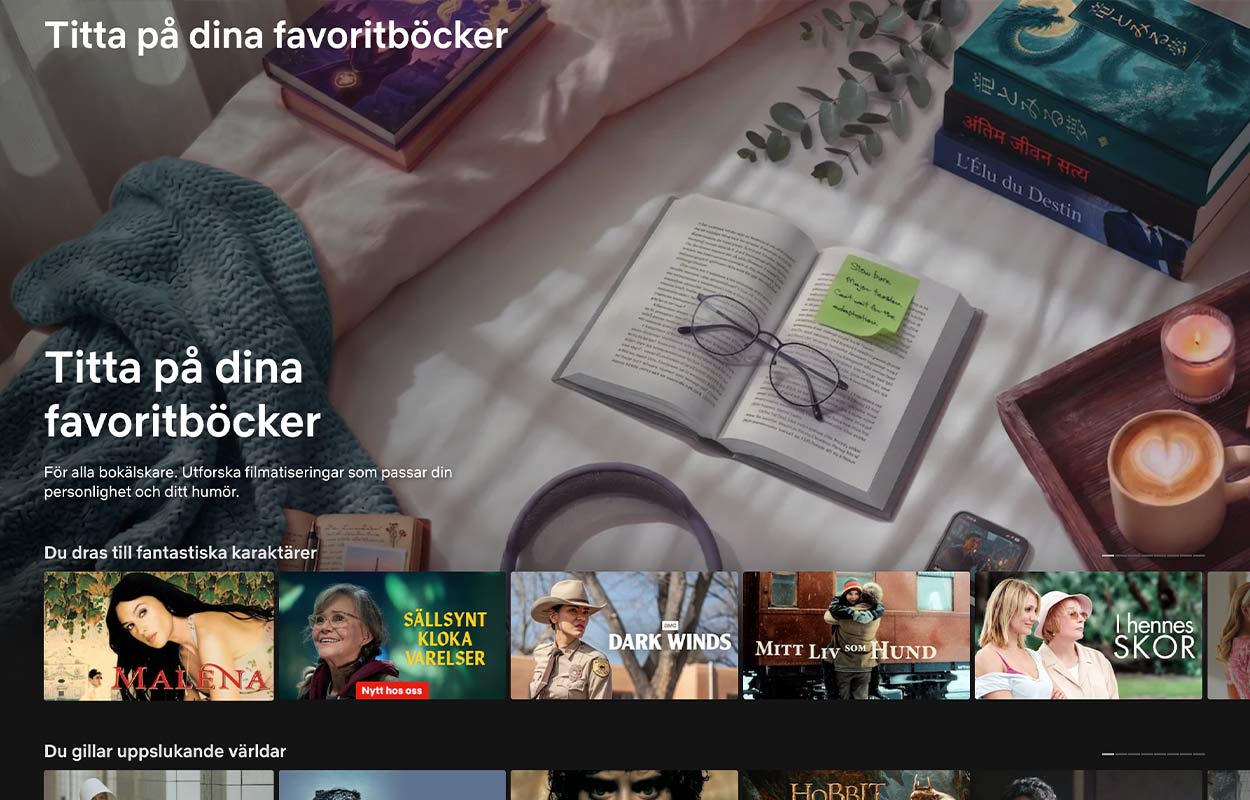 Sk&auml;rmavbild fr&aring;n samlingssidan &rdquo;Titta p&aring; dina favoritb&ouml;cker&rdquo; p&aring; Netflix.