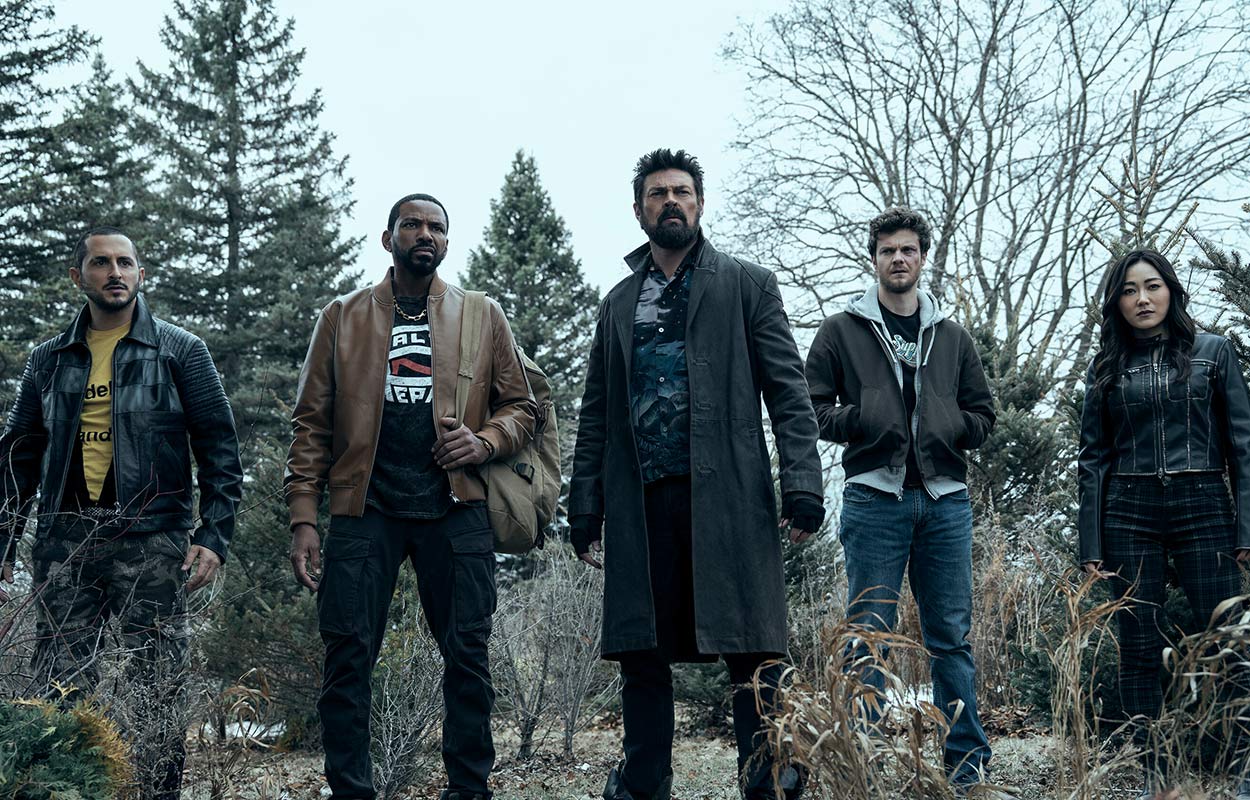 Tomer Capone, Laz Alonso, Karl Urban, Jack Quaid och Karen Fukuhara i &rdquo;The Boys&rdquo; s&auml;song 5.